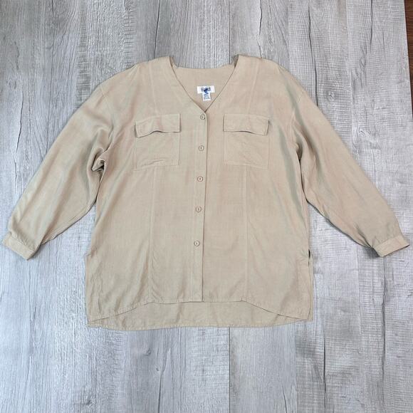 Sostanza Tan Silk Minimalist Top Womens L V-Neck Button Up Long Sleeve 100% Silk - Picture 4 of 7